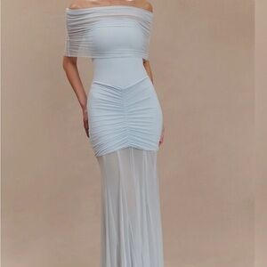 Meshki Blue Ruched Off-Shoulder Bodycon Dress